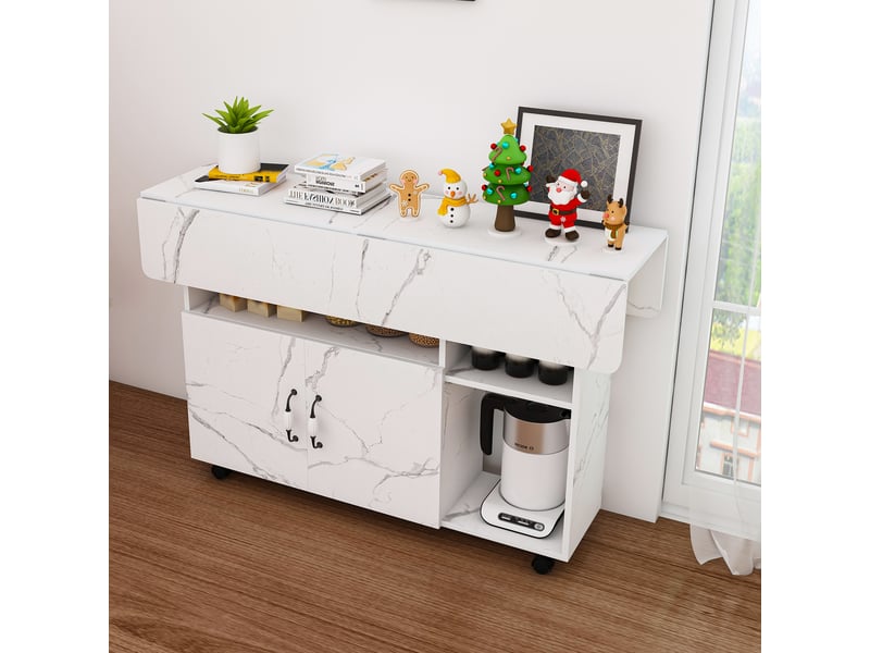 Table de bar pliable - 110x70x80 cm effet marbre blanc - desserte mobile multifonctionnelle avec 5 étagères et roulettes - Conforama C