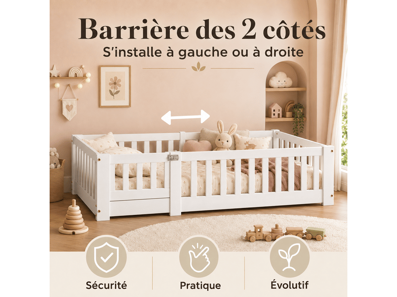  Lit au sol 90x190 cm, lit enfant montessori avec barrière de sécurité et sommier, bois massif pin, lit simple cabane 1 place, blanc  - Conforama C