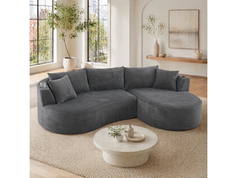  Canapé d’angle 3 places avec porte-gobelets et coussins  - design arrondi en velours côtelé gris  - Conforama B