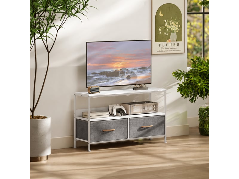  Meuble tv jusqu'à 47 pouces, 2 tiroirs pliables, niche ouverte, pieds réglables, gris clair, 98 x 29 x 56 cm  - Conforama B