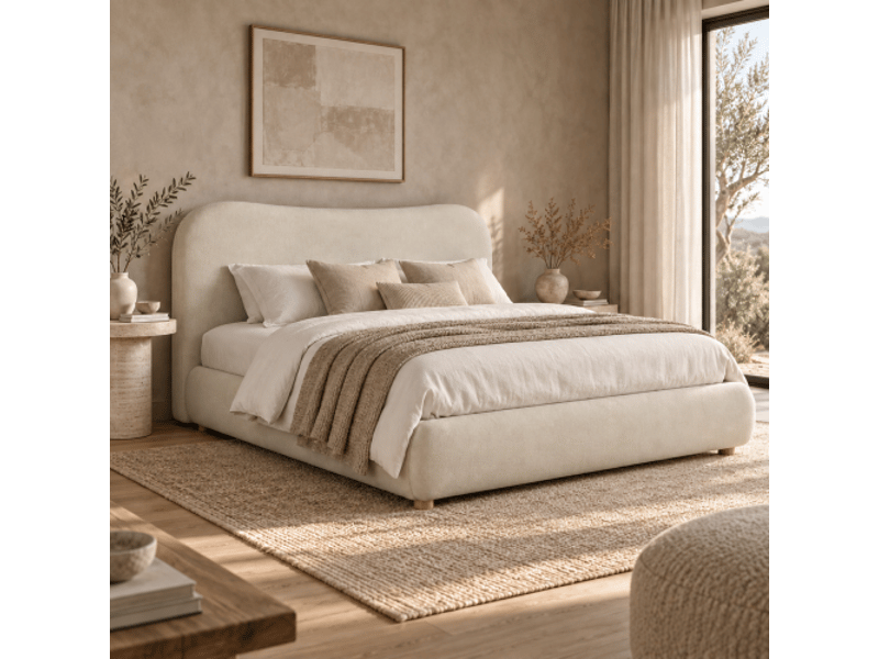  Lit coffre 160x200 cm, ouverture hydraulique, sommier à lattes, tête de lit rembourrée, pieds bois massif, chenille beige  - Conforama E