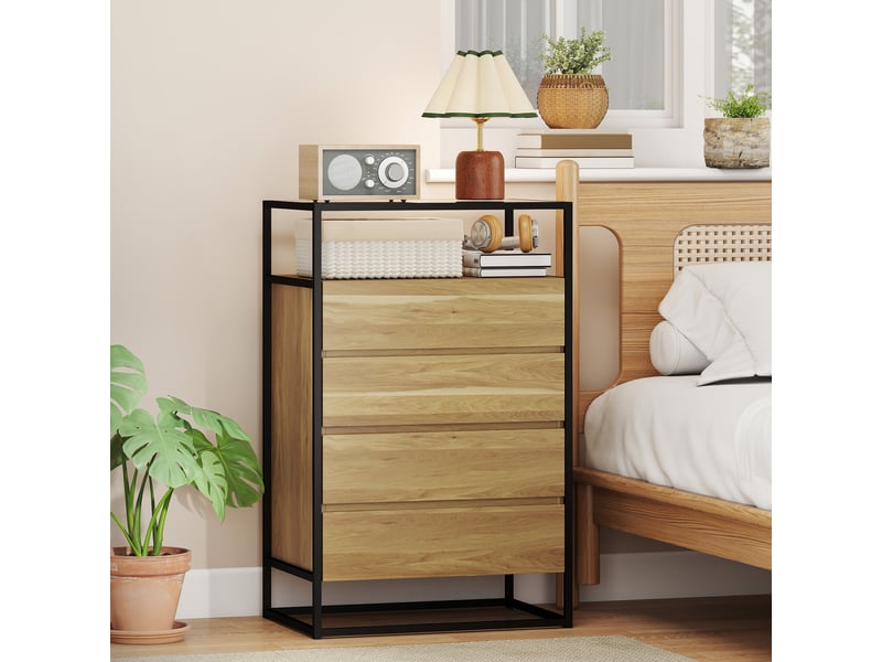 Commode de chambre à coucher à 4 tiroirs, plateau en verre trempé, étagère ouverte, structure en acier, 60 x 40 x 94,5 cm, teck  - Conforama C