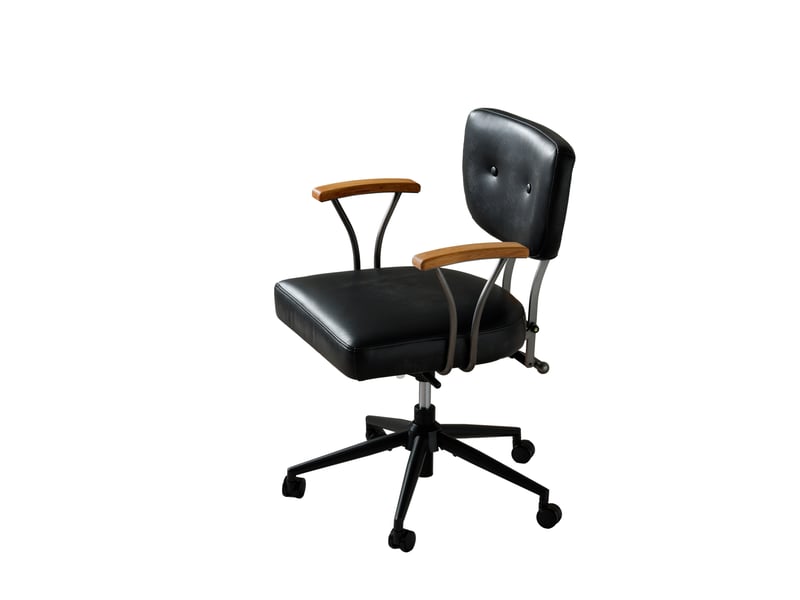  Chaise de bureau ergonomique réglable en hauteur, pivotante à 360° avec roulettes, accoudoirs en bois, cuir noir  - Conforama A