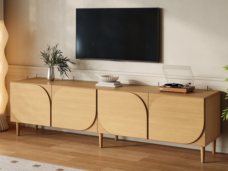  Meuble tv, 180 x 40 x 47,5 cm, 2 portes, 2 tiroirs, façade à motif en relief incurvé, sans poignées, pieds en bois, naturel GL9756N - Conforama B