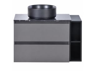 Meuble sous vasque suspendu 80 cm noir et gris avec vasque ronde noire en céramique et 2 tiroirs