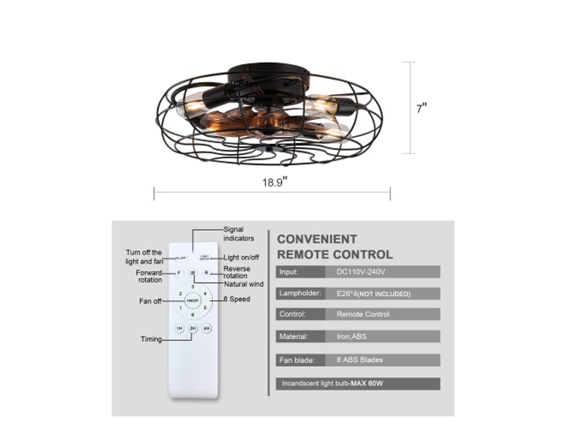  Ventilateur de plafond cage avec lumière 19 pouces, 6 vitesses, moteur réversible, télécommande, en métal noir et noyer  - Conforama D