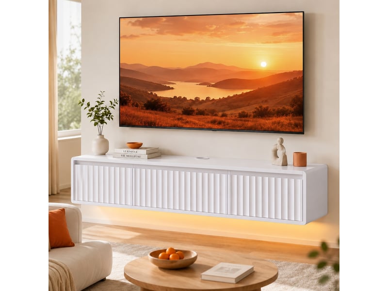  Meuble tv suspendu blanc 120 cm, façade cannelée, led rgb, 2 prises, usb et usb-c, 2 tiroirs et abattant  - Conforama B