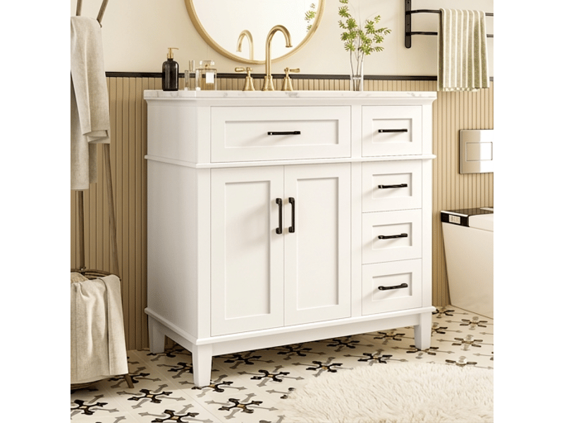  Meuble salle de bain sur pied 90 cm avec meuble vasque céramique blanc et poignées noires  - Conforama C