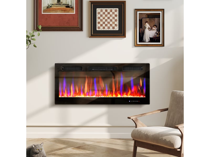  Cheminée électrique mural ou encastrable 900w1800w, effet flamme à 12 couleurs 5 luminosités, 106,7x9,4x47cm, noir  - Conforama B