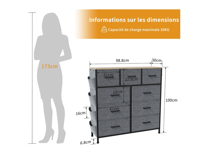  Commode 9 tiroirs - 100x30x100cm - meuble de rangement en tissu avec étagère bois, poches &amp; crochets - gris  - Conforama E