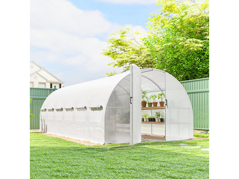  Serre tunnel 6 x 3 x 2 m avec porte à charnières, 12 fenêtres grillagées et structure en acier galvanisé blanc  - Conforama D