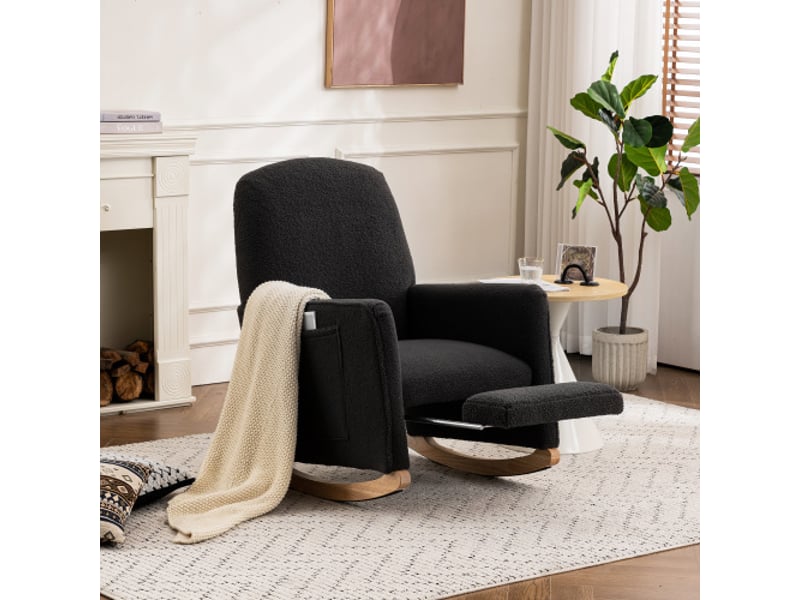  Fauteuil à bascule inclinable avec ottoman, repose-pieds, dossier haut pour le salon, en tissu peluche, gris foncé  - Conforama B