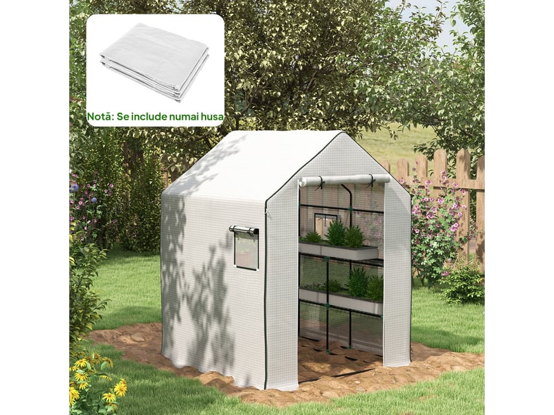  Bâche en polyéthylène pour serre de jardin avec porte et fenêtres à charnières, 140 x 143 x 190 cm, blanche  - Conforama C