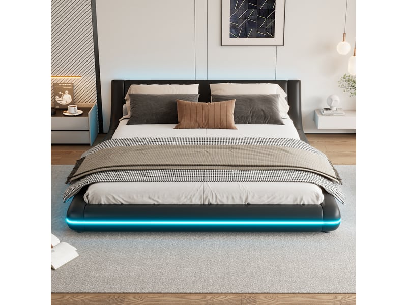  Lit bas 160x200 cm pu noir – éclairage led ambiant, style moderne adulte  - Conforama D