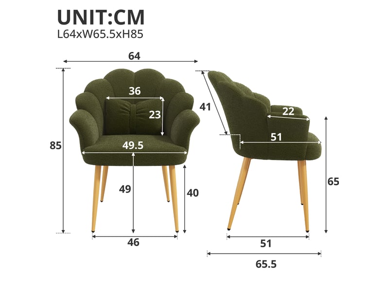  Lot de 2 fauteuils de salle à manger à dossier pétale en tissu teddy vert  - Conforama E
