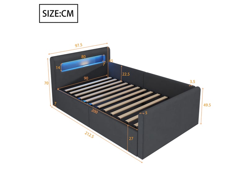  Lit coffre enfant 90x200 cm avec led et usb gris foncé  - Conforama C