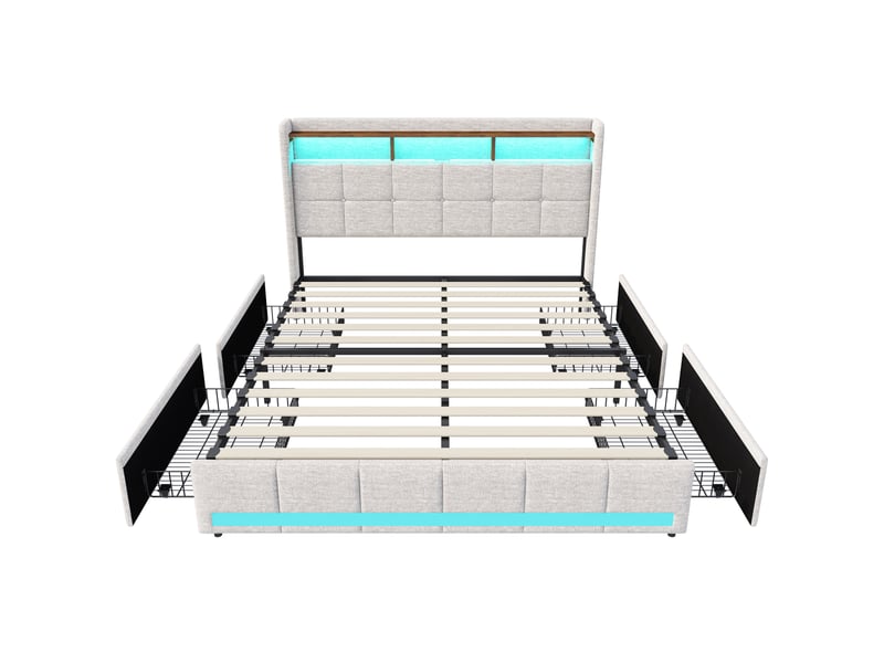 Lit double rembourré 140x200 cm avec sommier et 4 tiroirs, lit 2 personnes avec rangement et tête de lit, led et usb, lin beige - Conforama W