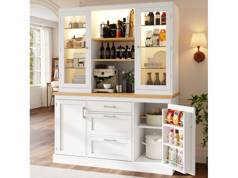  Buffet de cuisine 140x40x185 cm, led rgb pilotage app, 3 tiroirs, portes vitrées, étagères réglables, mdf métal, blanc  - Conforama D