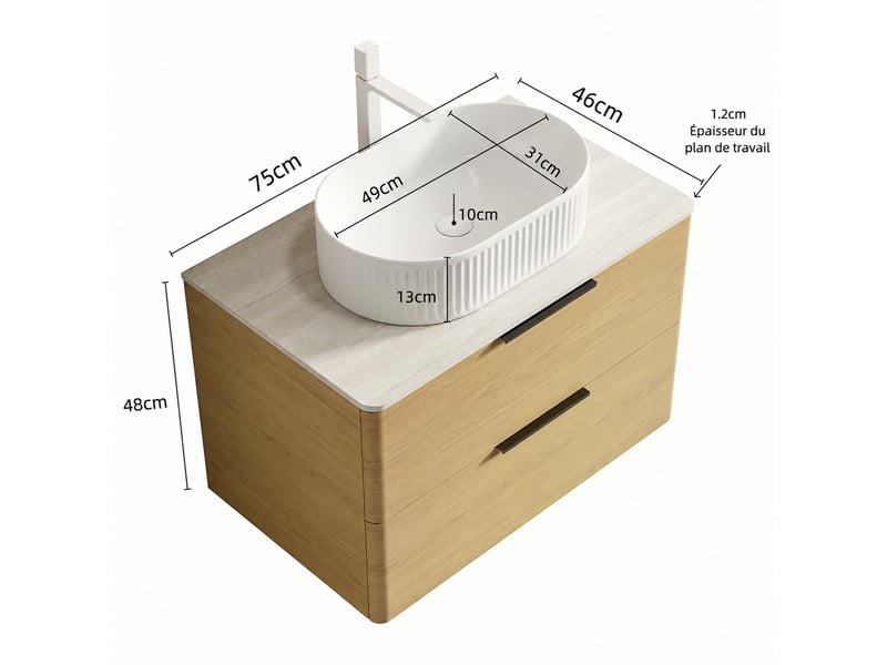  Meuble vasque suspendu 75 cm avec vasque ovale blanche en céramique  - Conforama C