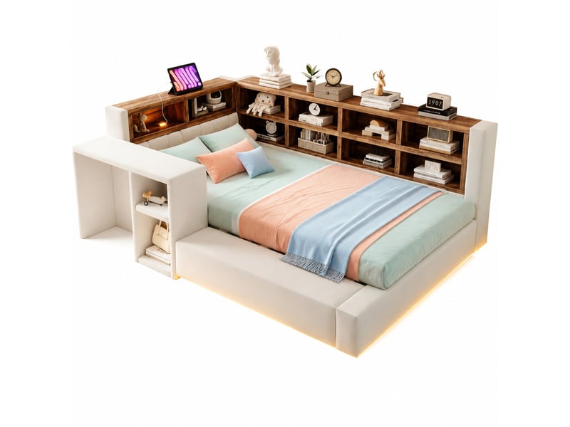  Lit, 90x200 cm, espace nuit, doté de solutions de rangement à plusieurs niveaux, led, matelas non inclus, coloris beige  - Conforama A