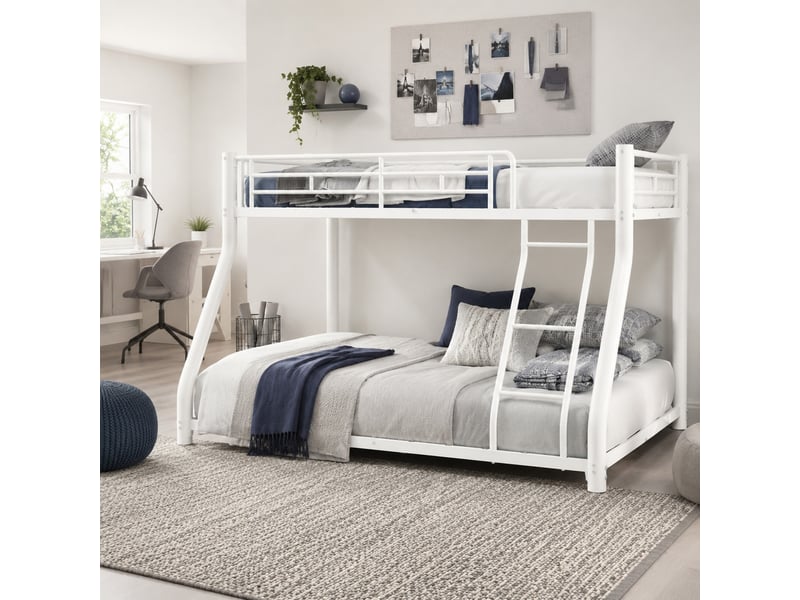  Lit superposé 2 places 90 × 190 cm et 140 × 190 cm avec échelle et barrières, sans matelas, en métal blanc  - Conforama B
