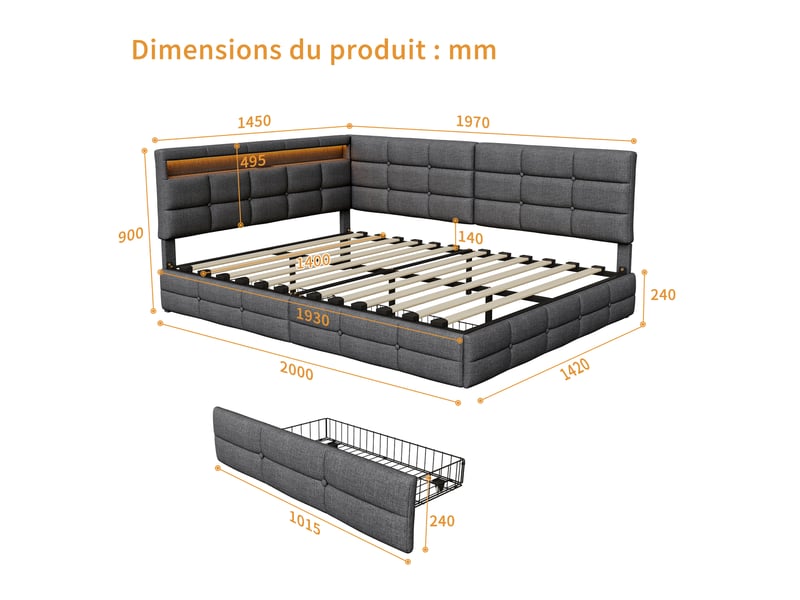 Kefsr lit double capitonné 140x190 cm, lit d'angle banquette avec 2 tiroirs, éclairage led, prises usbtype-c et sommier, tissu gris - Conforama C