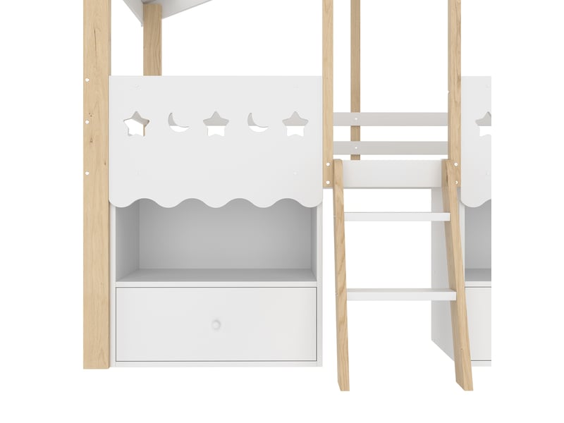  Lit surélevé 90x200 cm, forme maison, bois blanc + naturel, équipé de 2 tiroirs et de led, sans matelas  - Conforama D