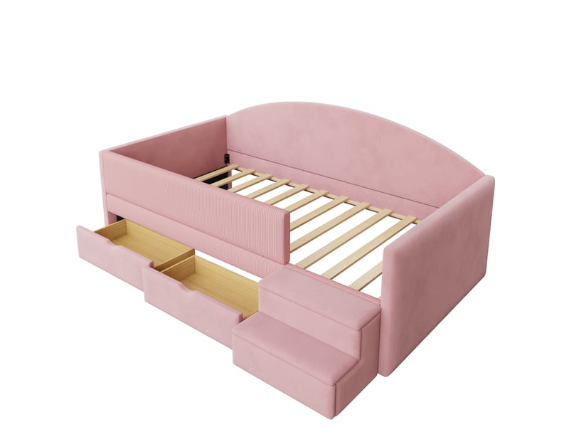  Lit enfant 90x190 cm avec 2 tiroirs et marches en velours rose  - Conforama D