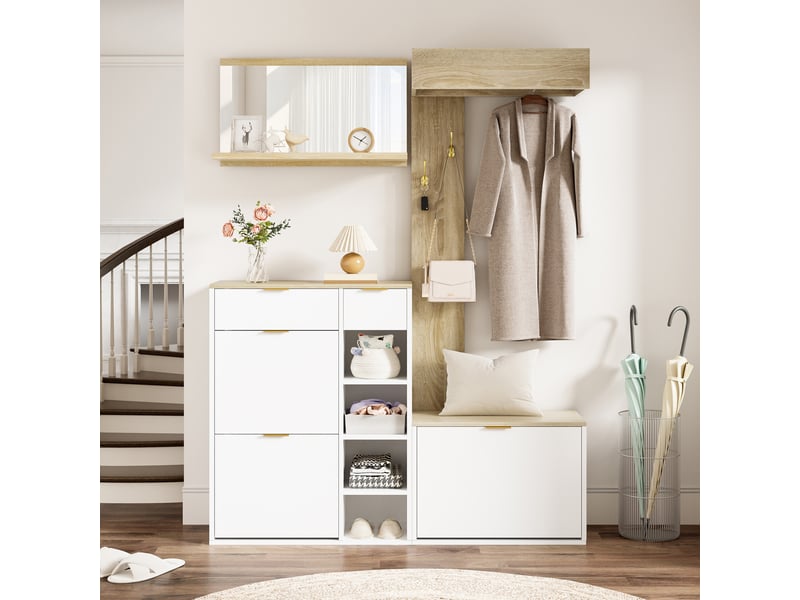  Meubles d'entrée avec meuble à chaussures, banc, miroir et panneau à crochets pour couloir en aggloméré 130×30×174 cm  - Conforama C