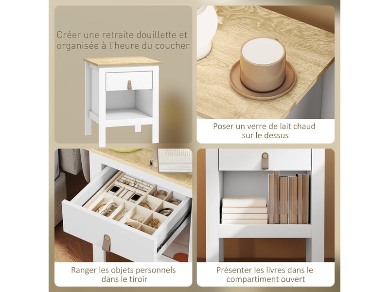  Lot de 2 tables de chevet avec tiroir et compartiment ouvert blanc 45 x 40 x 55 cm  - Conforama E