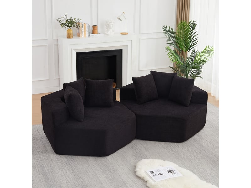  Fauteuil lounge modulable hexagonal modenvie en chenille bouclée noire avec 3 coussins 122 x 138 x 76 cm  - Conforama D