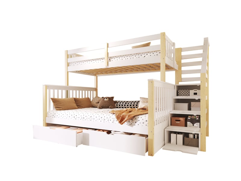 Lit superposé enfant 90 x 200 et 140 x 200 cm avec rangements, blanc naturel - Conforama A
