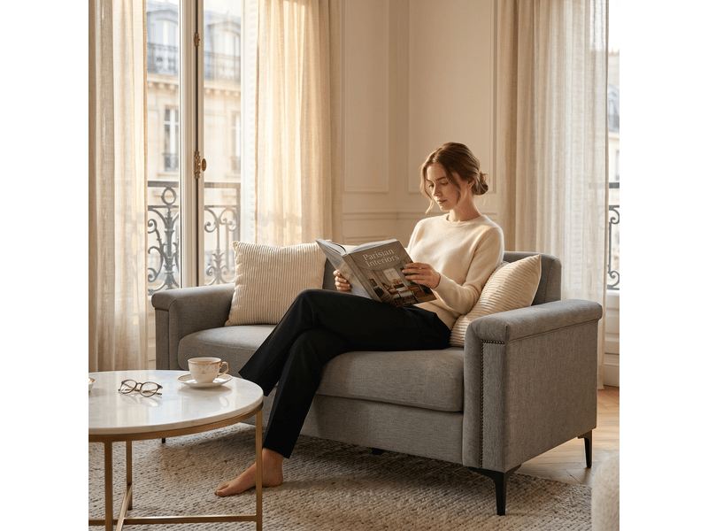  Canapé droit 2 places avec accoudoirs larges et clous décoratifs  - pieds en métal, tissu effet lin - gris clair  - Conforama E