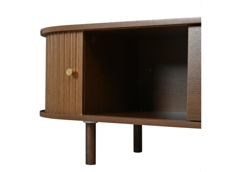 Meuble tv ovale 180 cm, noyer foncé, design rotin, mdf, 2 tiroirs, porte à volet roulant, 30 kg - Conforama E