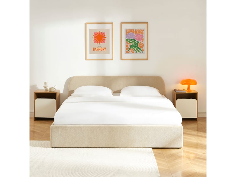  Lit coffre gela 180x200 tissu chenille beige sommier inclus  - Conforama E
