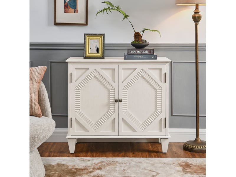  Buffet 96.52x47.96x21.29 cm avec étagère réglable en bois et mdf blanc antique  - Conforama C