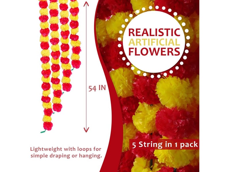  Guirlande de soucis artificielle de 5 pièces (1,4 m) pour halloween, diwali, pooja, mariage, cheminée, noël et décoration automnale - magenta et jaune  - Conforama B