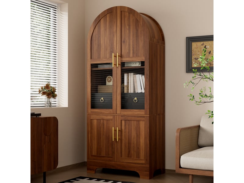  Vitrine haute 76×40×180cm à façade cintrée, éclairage led, 4 portes, 1 tiroir et façade vitrée,noyer  - Conforama E