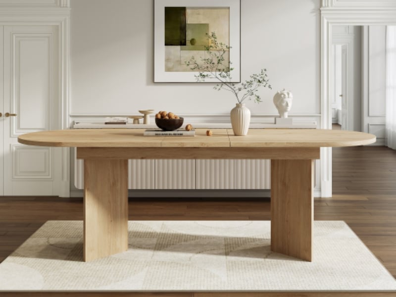  Table à manger extensible 140 à 180 cm, plateau en mdf de 18 mm, deux pieds panneaux, angles arrondis, effet chêne  - Conforama B
