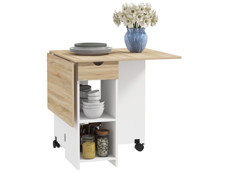Table de cuisine pliante à roulettes avec accoudoirs rabattables, tiroir et étagères pour 2 à 4 personnes, 120 x 72 x 75 cm, chêne et blanc - Conforama A