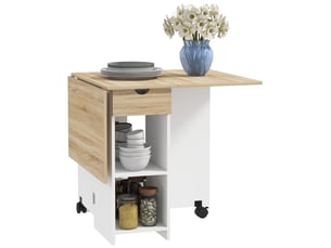 Table de cuisine pliante à roulettes avec accoudoirs rabattables, tiroir et étagères pour 2 à 4 personnes, 120 x 72 x 75 cm, chêne et blanc