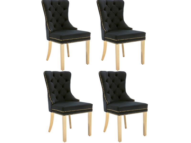  Lot de 4 chaises 50,5x45x95cm avec design unique de poignée de porte, design à clous, pieds en métal, velours, noir  - Conforama A