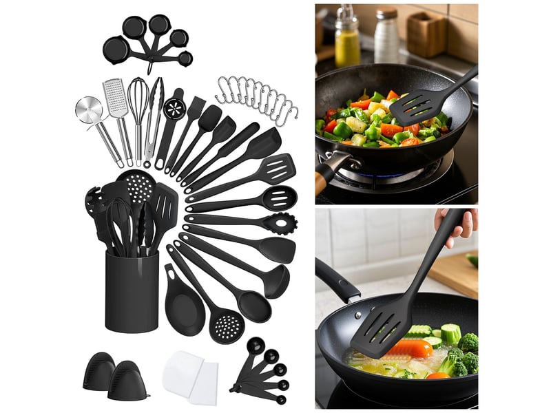  Set d'ustensiles de cuisine 43 pièces en silicone avec rangement noir chicfurn  - Conforama E