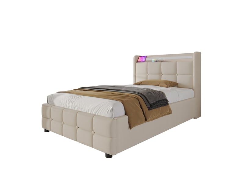  Lit 1 place 90x200 cm avec usb, prises, led et 2 tiroirs, métal et bois, beige sans matelas  - Conforama A