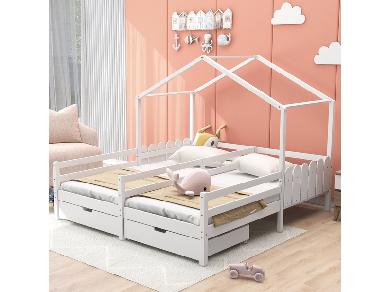  Lit cabane enfant 90x200 cm – blanc – double couchage séparé, 2 tiroirs mdf à roulettes - sans matelas  - Conforama B