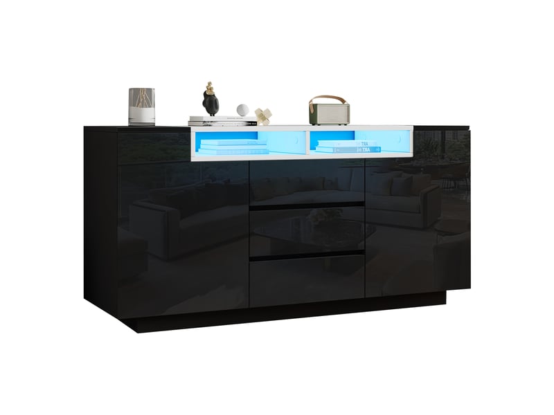 Buffet 140 x 40 x 68 cm, 2 portes en l, 3 tiroirs, étagères réglables, éclairage led, finition brillante, noir evarich - Conforama A