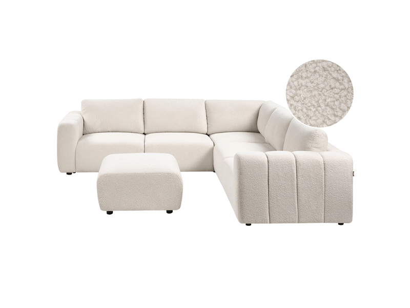 Canapé d'angle modulable 5 places kivvik bouclé blanc cassé avec ottoman côté gauche  - Conforama A