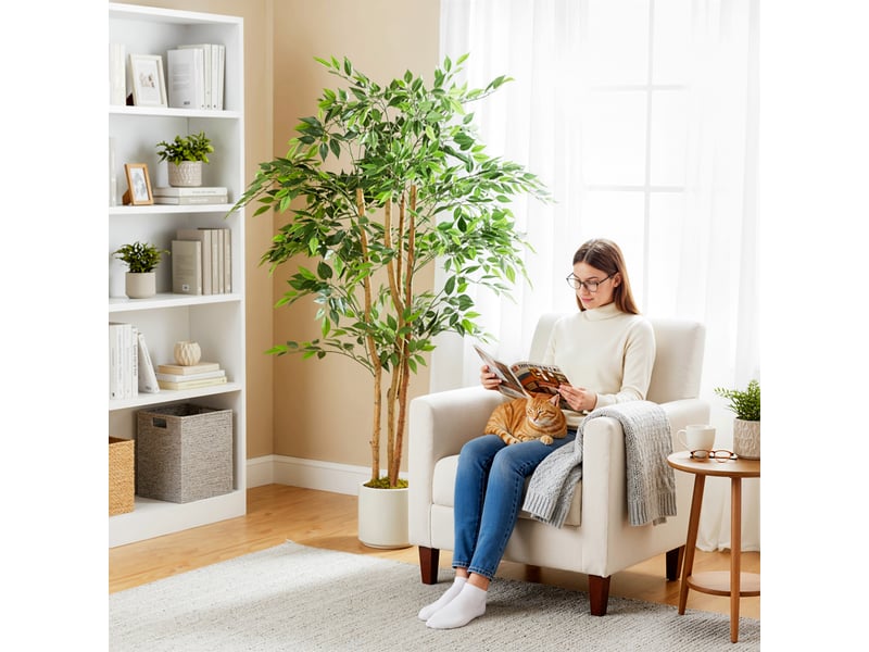  Arbre artificiel de banian en peva et bois avec branches ajustables et pot blanc en pp et ciment  - Conforama D