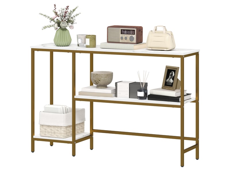  Console meuble 120 cm, table console 3 niveaux avec étagères de rangement, plateaux imitation marbre, blanc et doré  - Conforama B