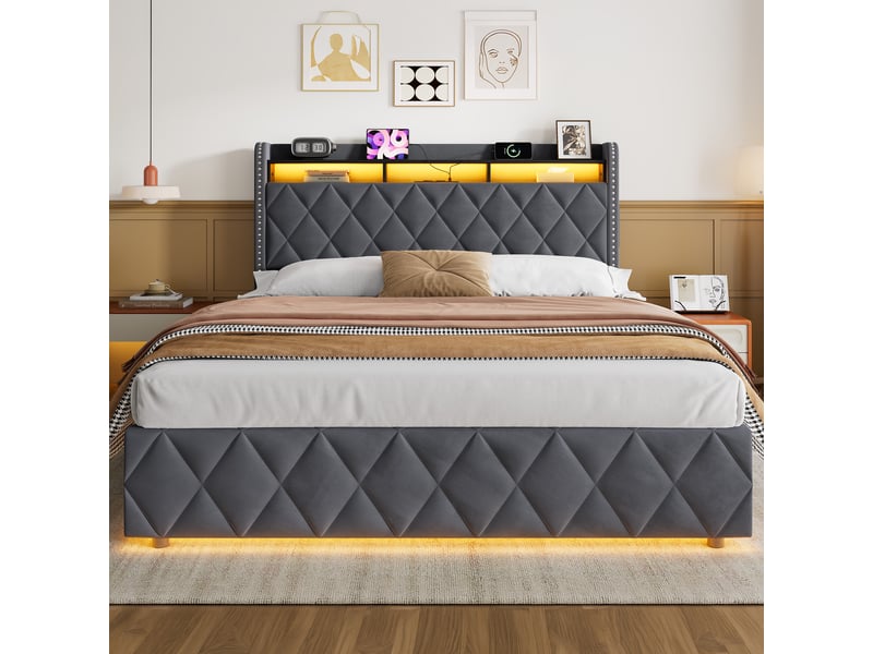  Lit coffre 160x200 cm, hydraulique, tête losange, rangement et led, étagère intégrée, velours gris, sans matelas  - Conforama B
